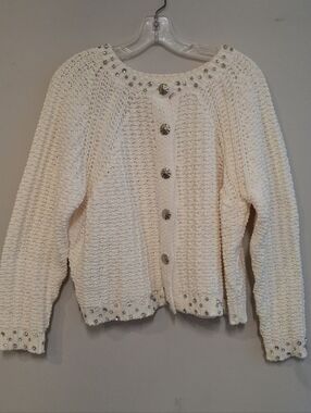 Fate Rhinestones Embellished Cream Beaded Knit Button-Front Cardigan Sweater